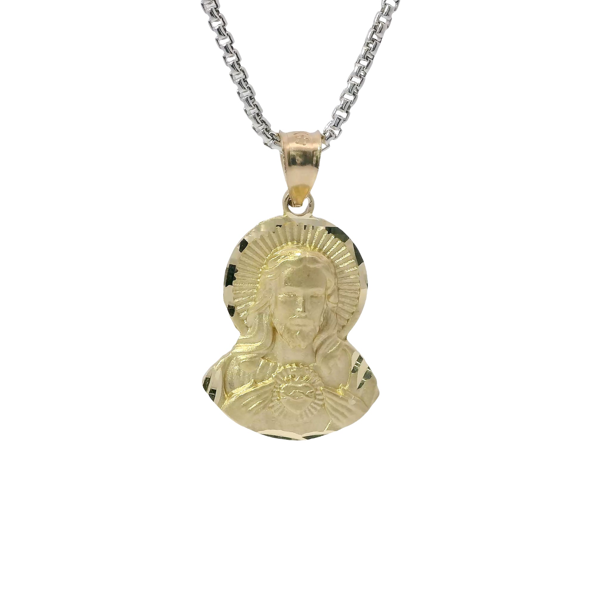 14KT Gold Charm Medium Diamond Cut Sacred Heart Jesus Portrait with Plain Bell
