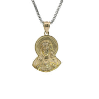14KT Gold Charm Medium Diamond Cut Sacred Heart Jesus Portrait with Plain Bell