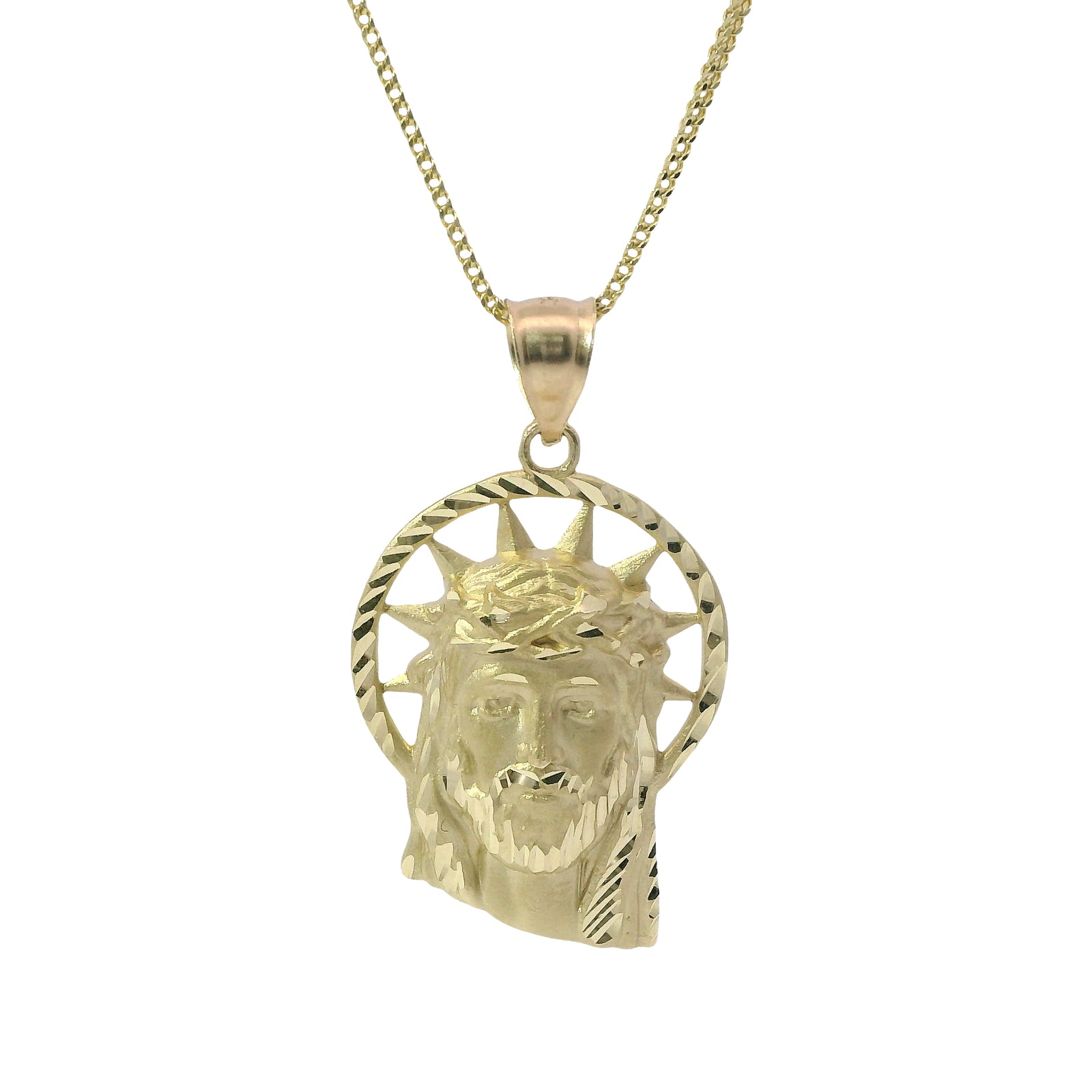 14KT Gold Charm Medium Diamond Cut Slant Bottom Open Liberty Halo Jesus Head Front Portrait with Plain Bell