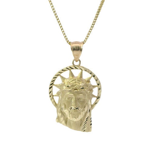 14KT Gold Charm Medium Diamond Cut Slant Bottom Open Liberty Halo Jesus Head Front Portrait with Plain Bell