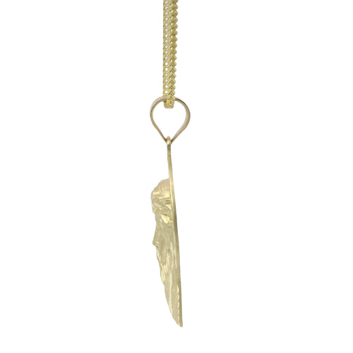14KT Gold Charm Medium Diamond Cut Slant Bottom Open Liberty Halo Jesus Head Front Portrait with Plain Bell