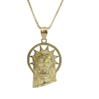 14KT Gold Charm Medium Diamond Cut Slant Bottom Open Liberty Halo Jesus Head Front Portrait with Plain Bell