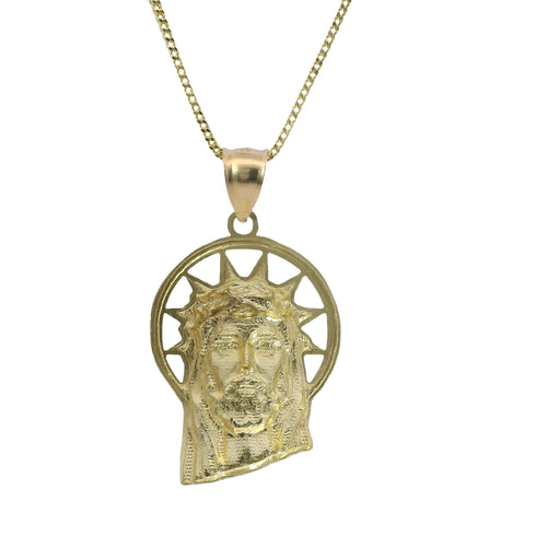 14KT Gold Charm Medium Diamond Cut Slant Bottom Open Liberty Halo Jesus Head Front Portrait with Plain Bell