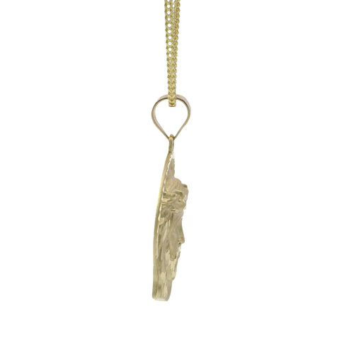 14KT Gold Charm Medium Diamond Cut Slant Bottom Open Liberty Halo Jesus Head Front Portrait with Plain Bell