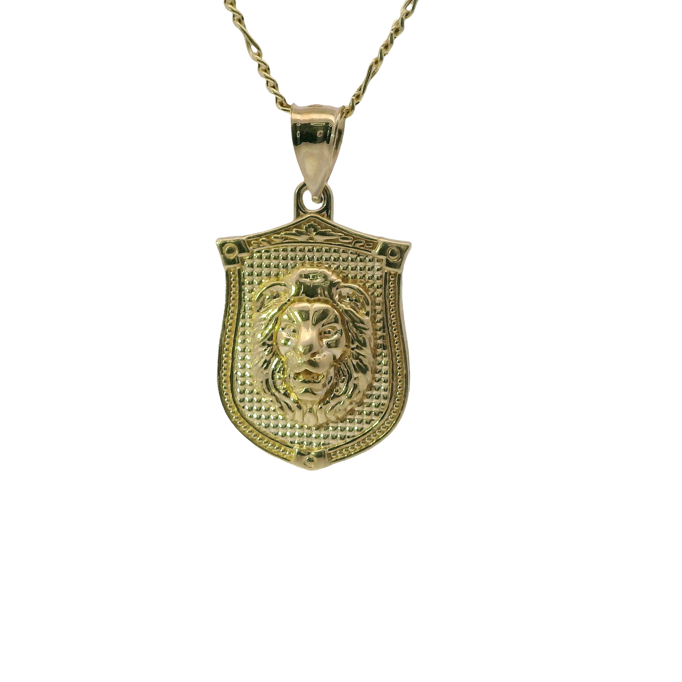 14KT Gold Charm Medium Diamond Cut Lion Head Shield with Plain Bell