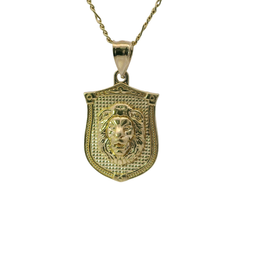 14KT Gold Charm Medium Diamond Cut Lion Head Shield with Plain Bell