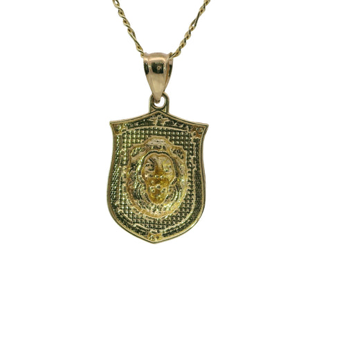 14KT Gold Charm Medium Diamond Cut Lion Head Shield with Plain Bell