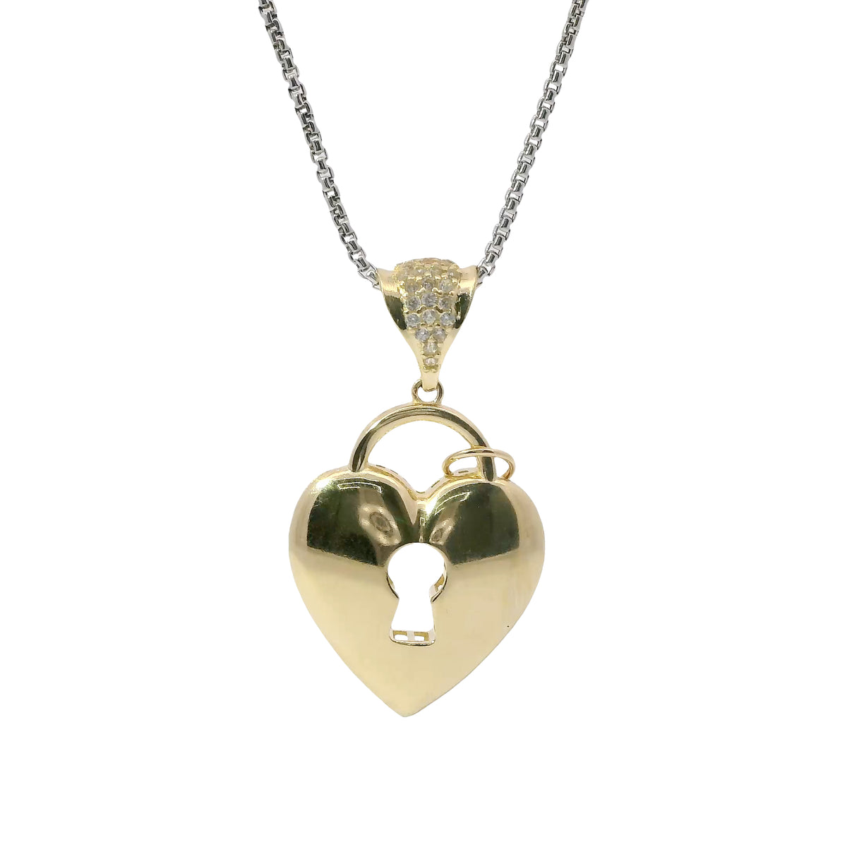 14KT Gold Charm Medium Flat Back Lock and Key Puff Heart with White CZ Edge and Bell