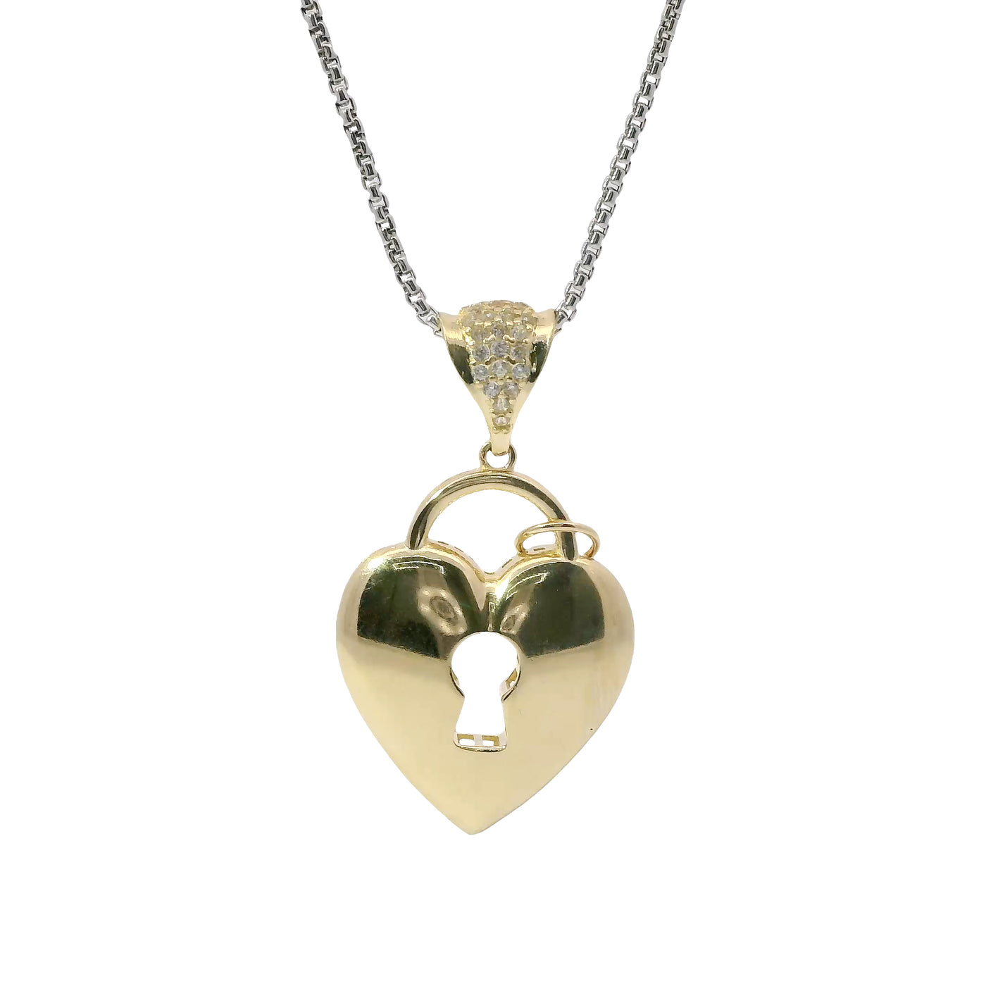 14KT Gold Charm Medium Flat Back Lock and Key Puff Heart with White CZ Edge and Bell