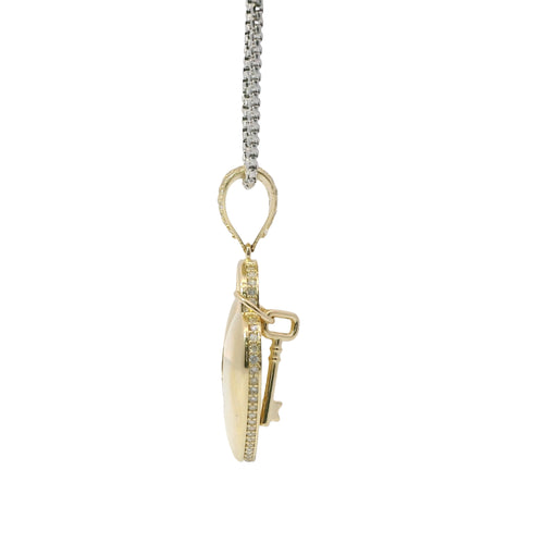14KT Gold Charm Medium Flat Back Lock and Key Puff Heart with White CZ Edge and Bell