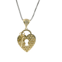 14KT Gold Charm Medium Flat Back Lock and Key Puff Heart with White CZ Edge and Bell