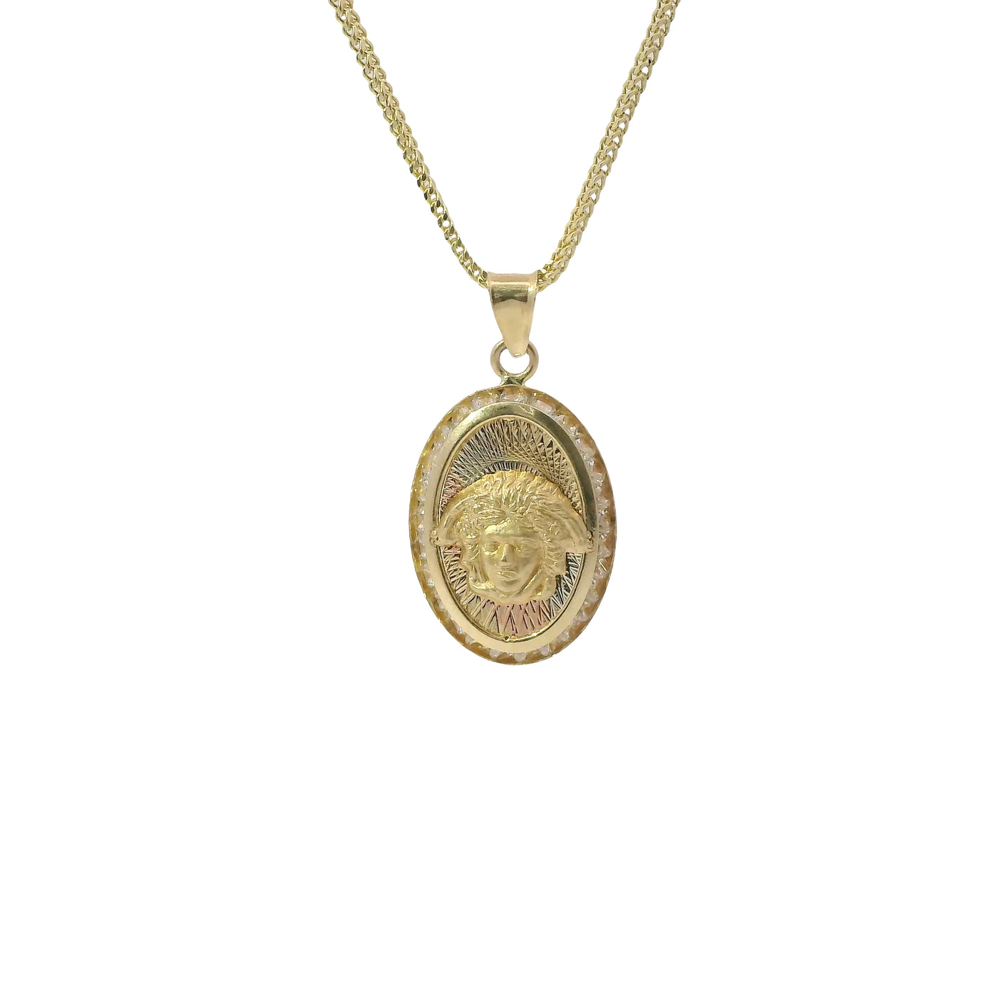 14KT Gold Charm Medium Oval Tri Tone Graphic Line Background with Medusa Center Coin with White CZ Stones Frame Edge and Plain Bell