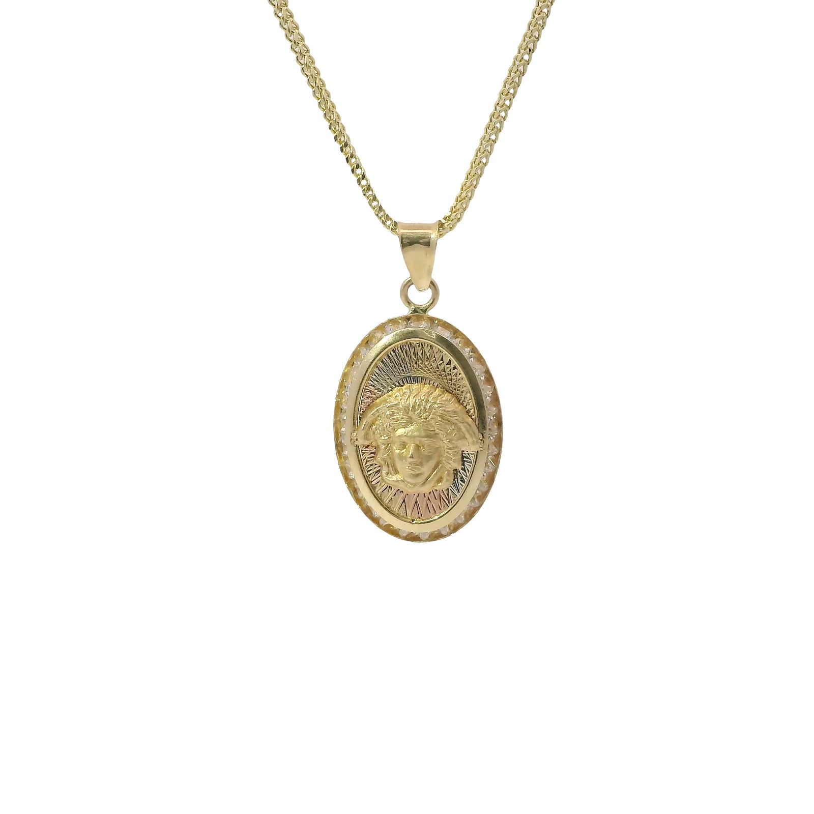 14KT Gold Charm Medium Oval Tri Tone Graphic Line Background with Medusa Center Coin with White CZ Stones Frame Edge and Plain Bell