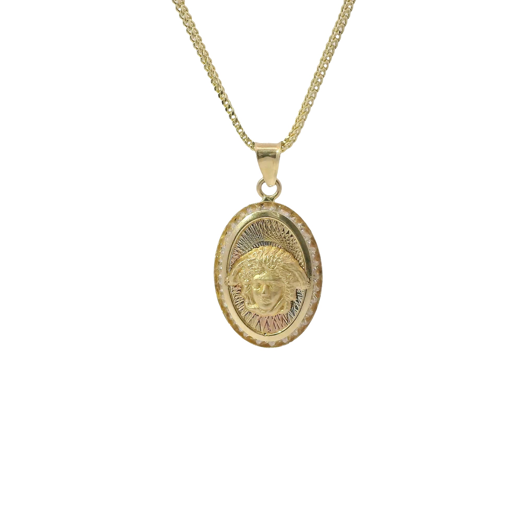 14KT Gold Charm Medium Oval Tri Tone Graphic Line Background with Medusa Center Coin with White CZ Stones Frame Edge and Plain Bell