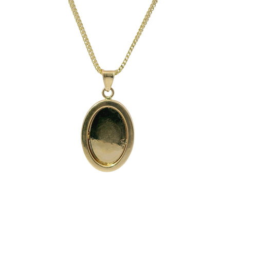 14KT Gold Charm Medium Oval Tri Tone Graphic Line Background with Medusa Center Coin with White CZ Stones Frame Edge and Plain Bell