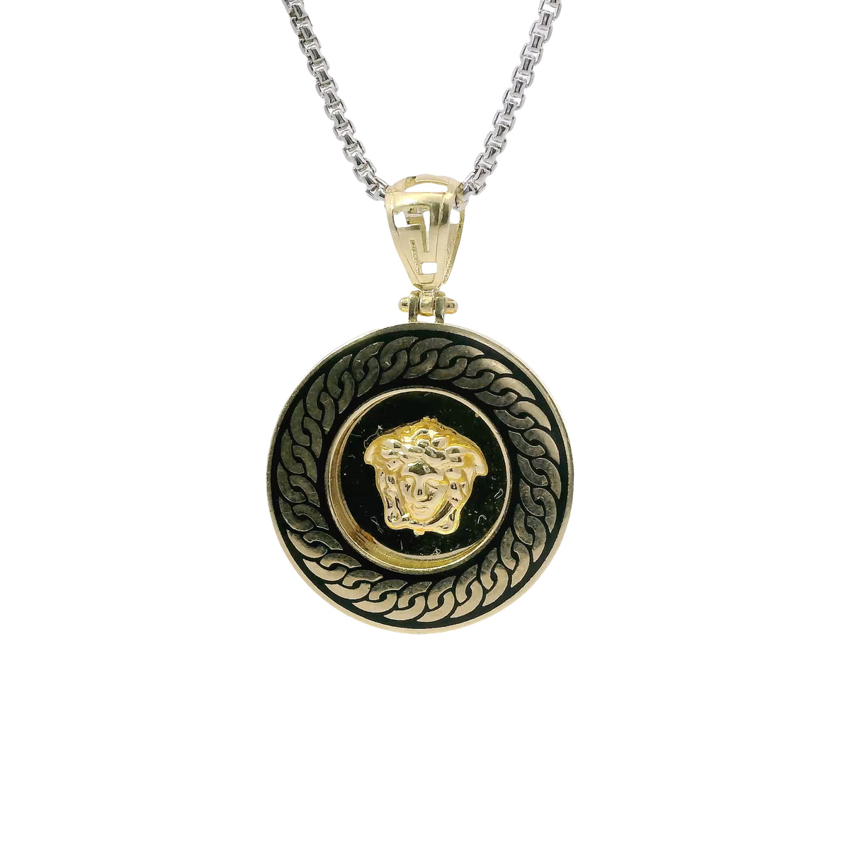 14KT Gold Charm Medium Round Medusa Coin with Black Enamel Rope Border and Greek Bell