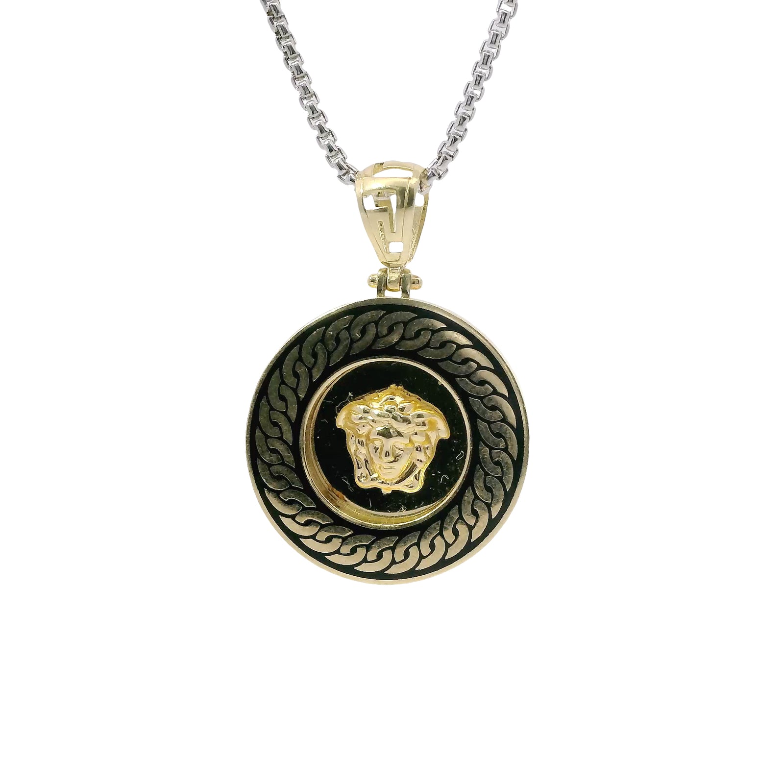 14KT Gold Charm Medium Round Medusa Coin with Black Enamel Rope Border and Greek Bell