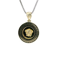 14KT Gold Charm Medium Round Medusa Coin with Black Enamel Rope Border and Greek Bell