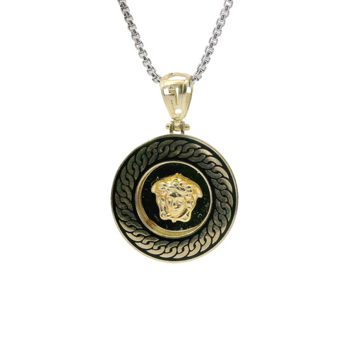 14KT Gold Charm Medium Round Medusa Coin with Black Enamel Rope Border and Greek Bell