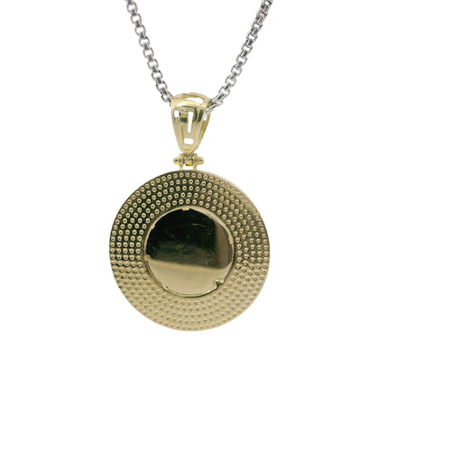 14KT Gold Charm Medium Round Medusa Coin with Black Enamel Rope Border and Greek Bell