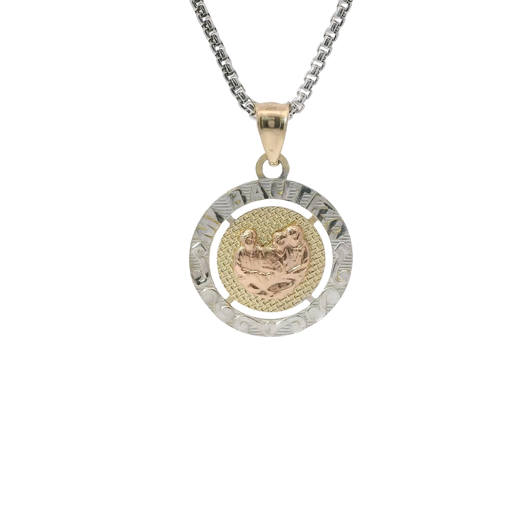 14KT Gold Charm Medium Tri Tone "Mi Bautizo" Baptism Coin with Plain Bell