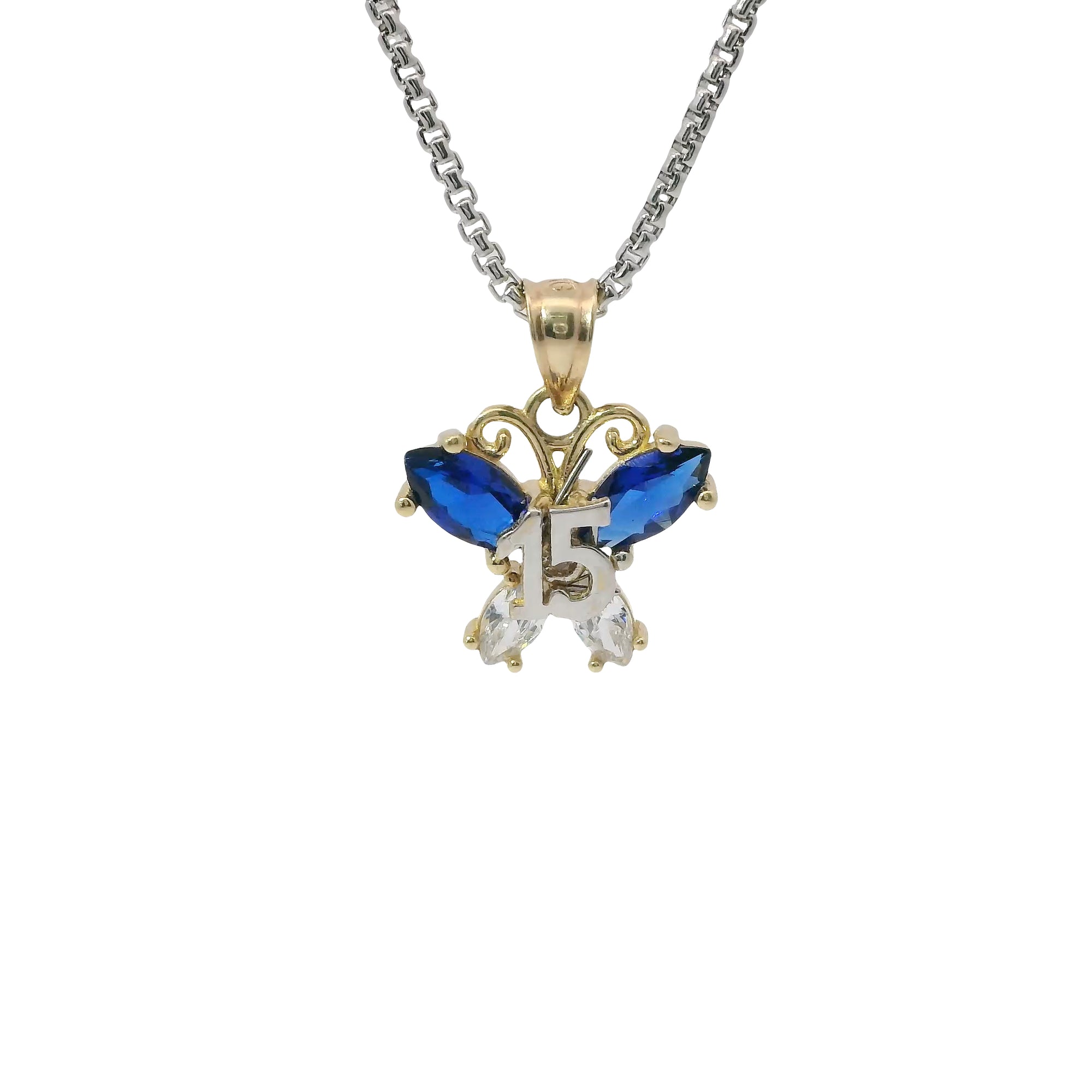 14KT Gold Charm Small Two Tone Quinceanera Butterfly with Navy Blue CZ Stones Top Wings and White CZ Stones Lower Wings and Plain Bell