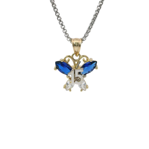 14KT Gold Charm Small Two Tone Quinceanera Butterfly with Navy Blue CZ Stones Top Wings and White CZ Stones Lower Wings and Plain Bell