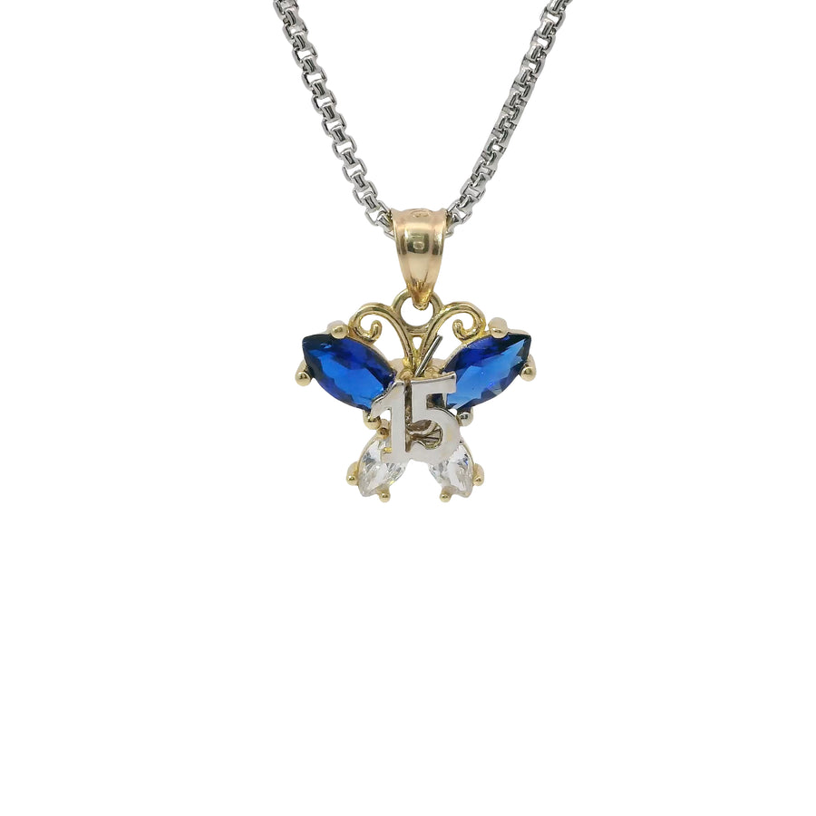 14KT Gold Charm Small Two Tone Quinceanera Butterfly with Navy Blue CZ Stones Top Wings and White CZ Stones Lower Wings and Plain Bell