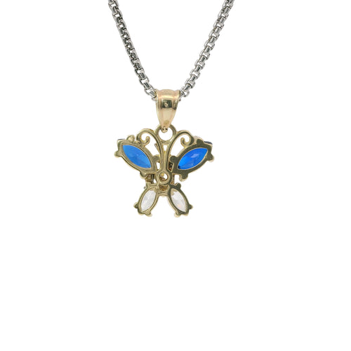 14KT Gold Charm Small Two Tone Quinceanera Butterfly with Navy Blue CZ Stones Top Wings and White CZ Stones Lower Wings and Plain Bell