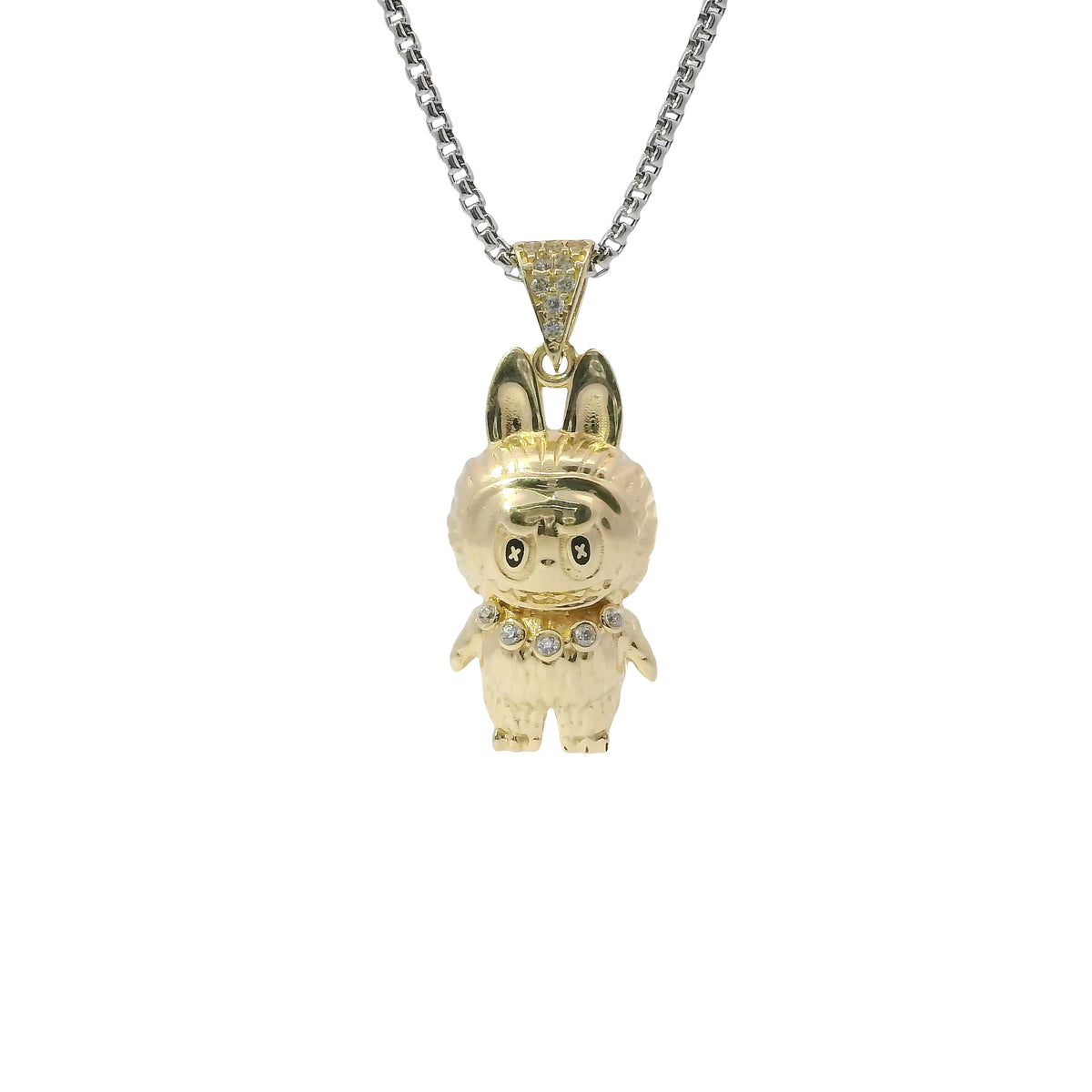 14KT Gold Charm Medium 3D Diamond Cut LaBuBu Body, White CZ Stones Necklace, Black Enamel Eyes and White CZ Stones Bell