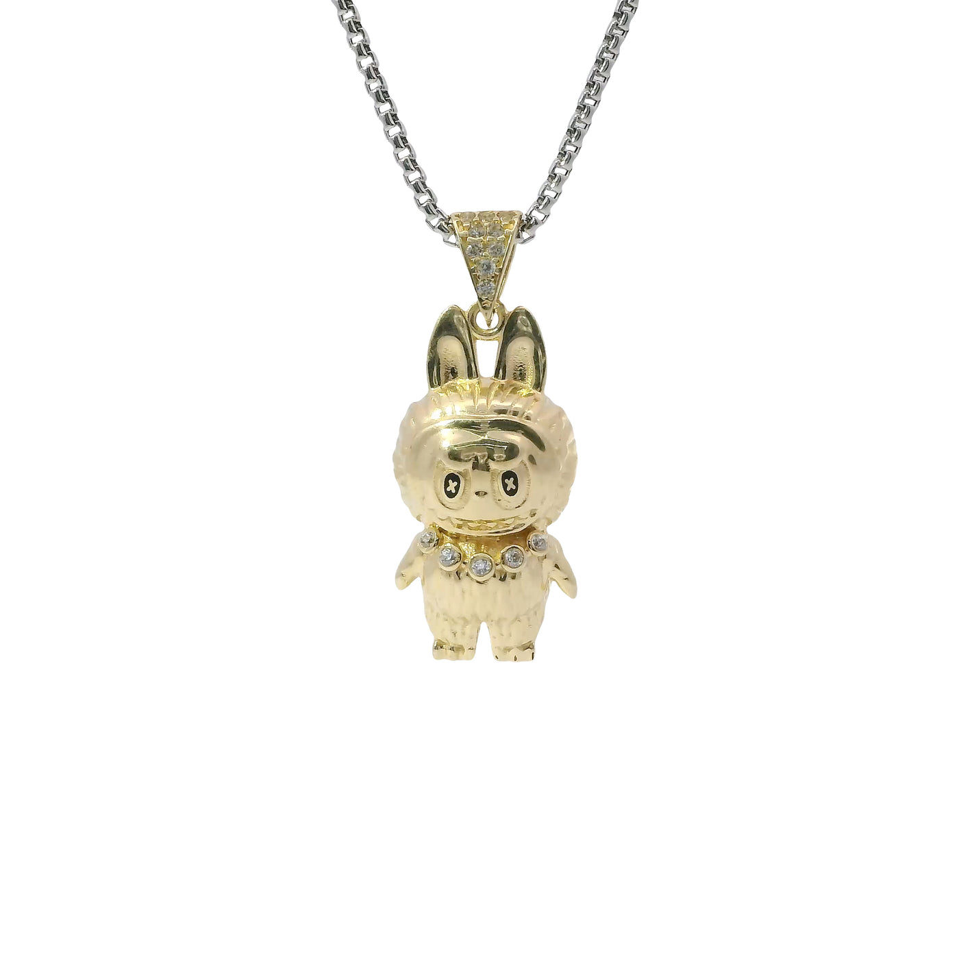 14KT Gold Charm Medium 3D Diamond Cut LaBuBu Body, White CZ Stones Necklace, Black Enamel Eyes and White CZ Stones Bell