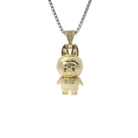 14KT Gold Charm Medium 3D Diamond Cut LaBuBu Body, White CZ Stones Necklace, Black Enamel Eyes and White CZ Stones Bell