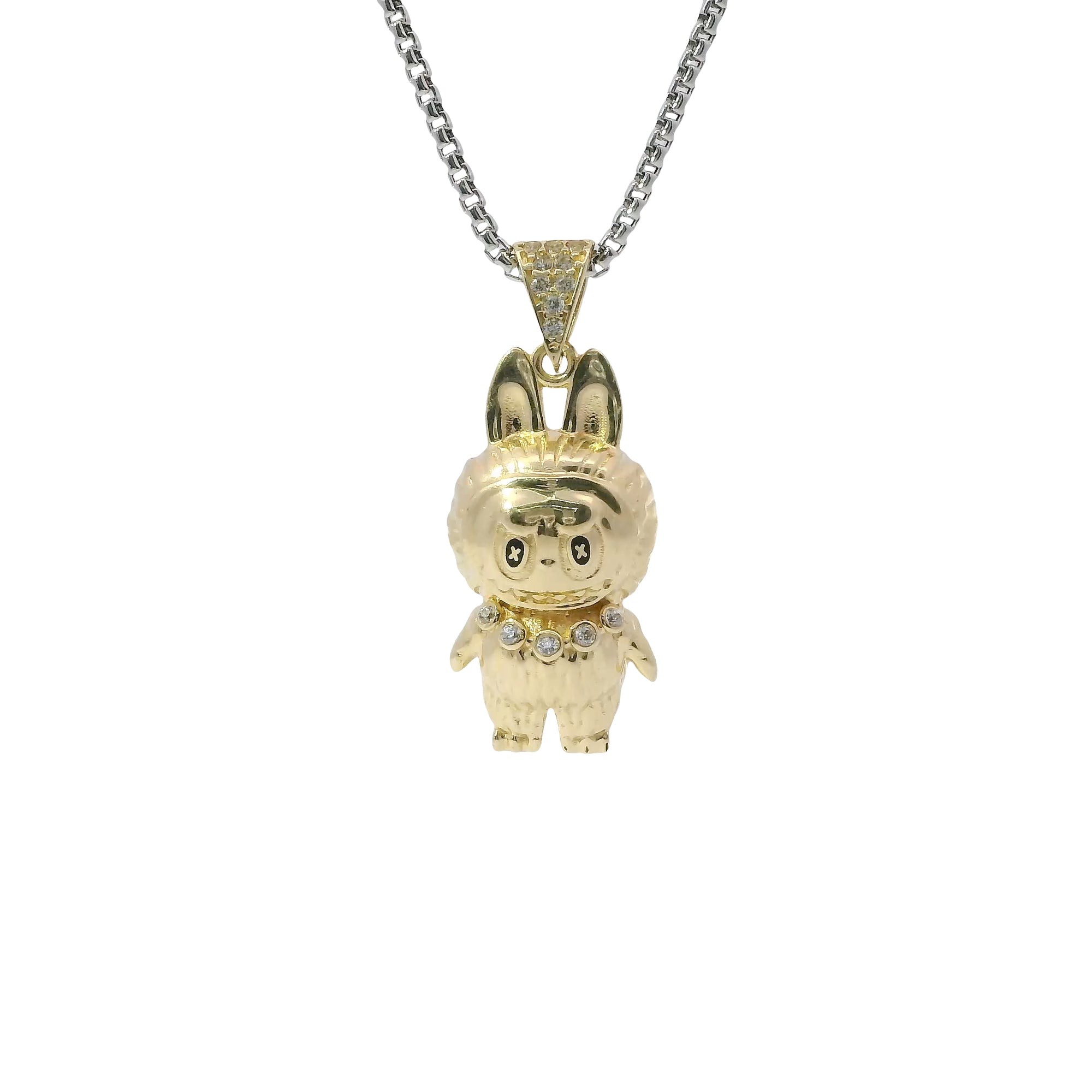 14KT Gold Charm Medium 3D Diamond Cut LaBuBu Body, White CZ Stones Necklace, Black Enamel Eyes and White CZ Stones Bell