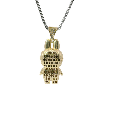 14KT Gold Charm Medium 3D Diamond Cut LaBuBu Body, White CZ Stones Necklace, Black Enamel Eyes and White CZ Stones Bell