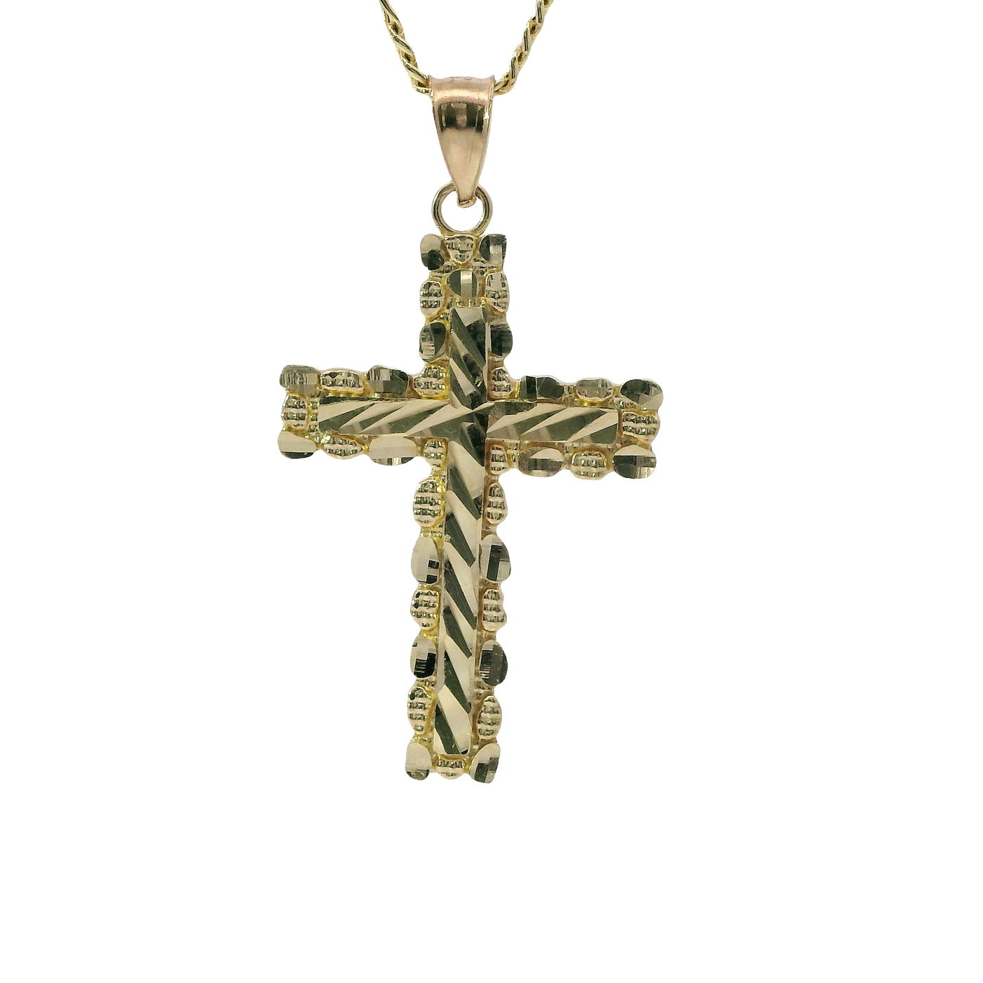 14KT Gold Charm Medium Nugget Cross with Diamond Cut Center and Plain Bell
