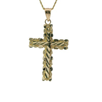 14KT Gold Charm Medium Nugget Cross with Diamond Cut Center and Plain Bell