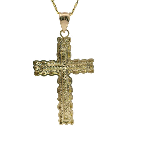 14KT Gold Charm Medium Nugget Cross with Diamond Cut Center and Plain Bell