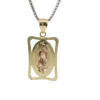 14KT Gold Charm Medium Open Rectangle Frame Two Tone Virgin Mary Oval Coin Center with Diamond Cut Open Frame Border and Plain Bell