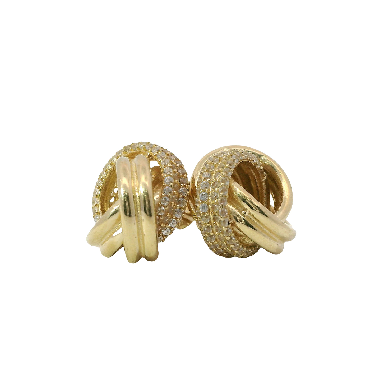 14KT Gold Earrings Medium Two Strand Round White CZ Stones Knot with Push Back Post and Butterfly Backs