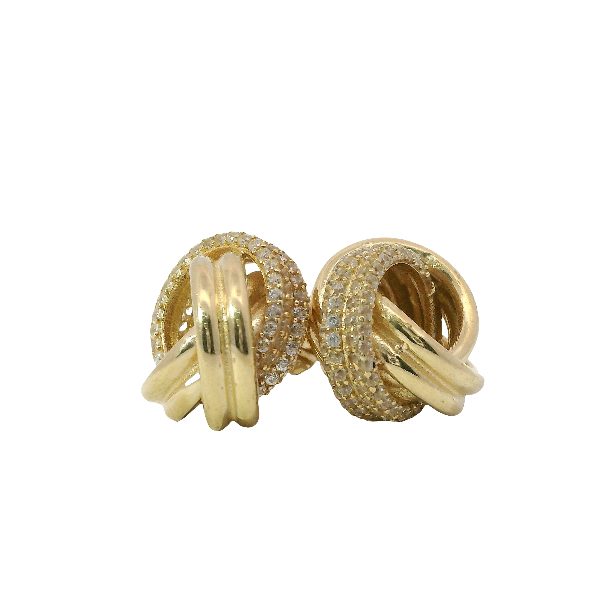 14KT Gold Earrings Medium Two Strand Round White CZ Stones Knot with Push Back Post and Butterfly Backs