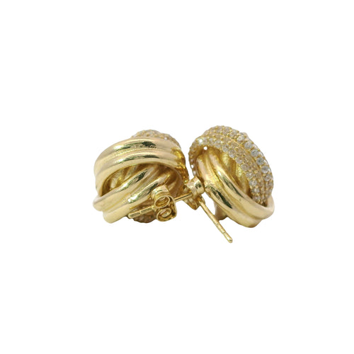 14KT Gold Earrings Medium Two Strand Round White CZ Stones Knot with Push Back Post and Butterfly Backs