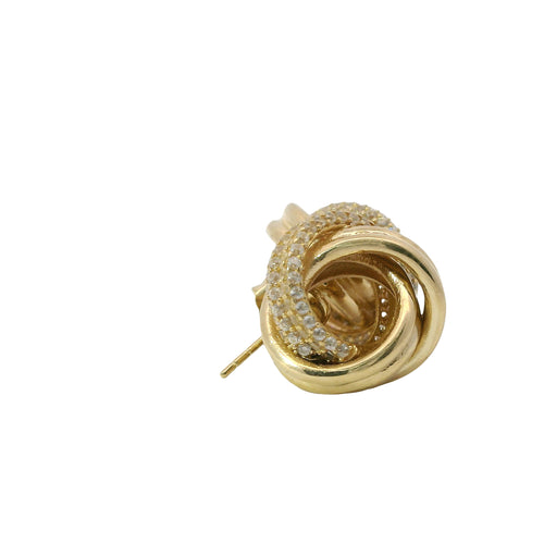 14KT Gold Earrings Medium Two Strand Round White CZ Stones Knot with Push Back Post and Butterfly Backs