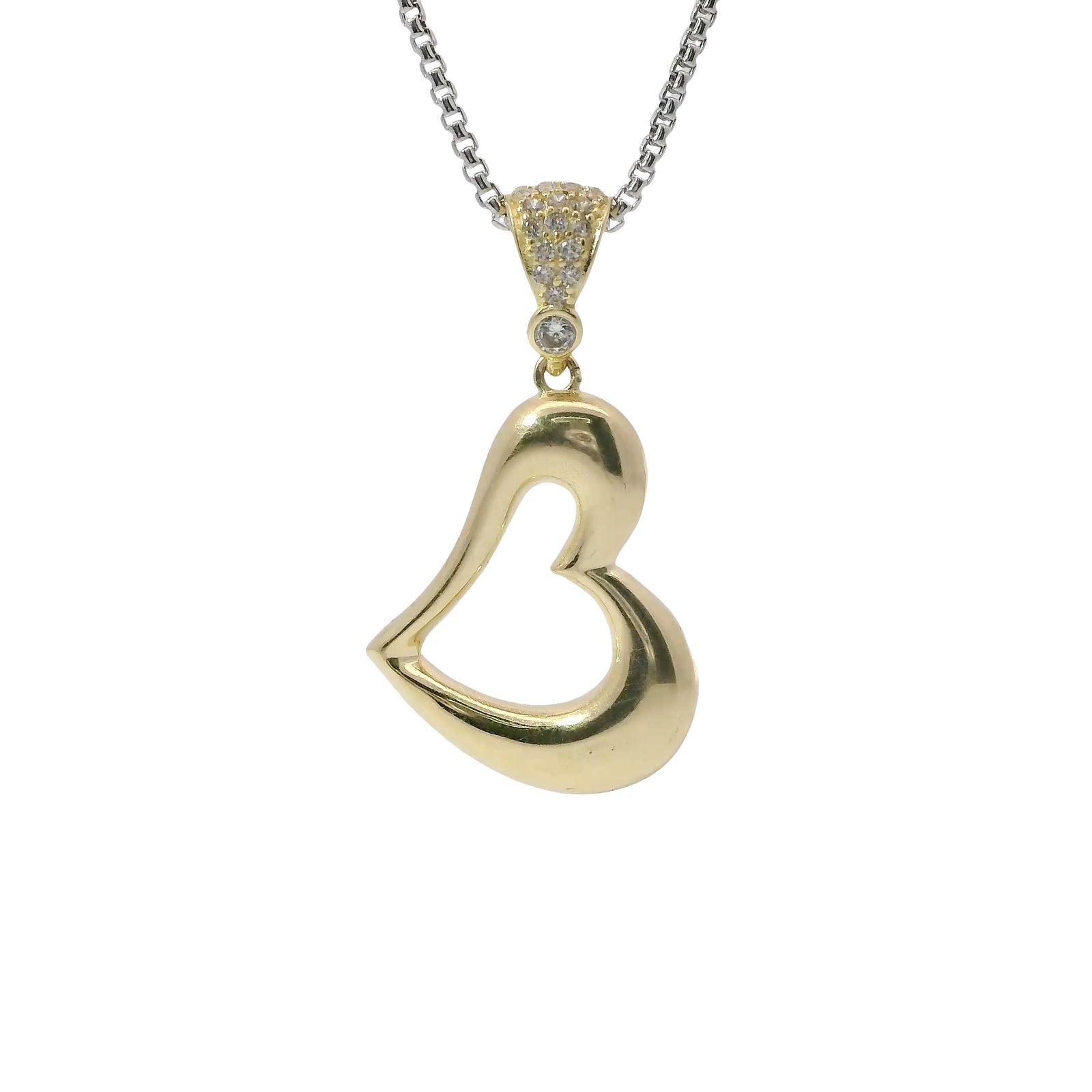 14KT Gold Charm Medium Tilted Open Center Flat Back Puff Heart with White CZ Stones Bell