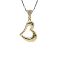 14KT Gold Charm Medium Tilted Open Center Flat Back Puff Heart with White CZ Stones Bell