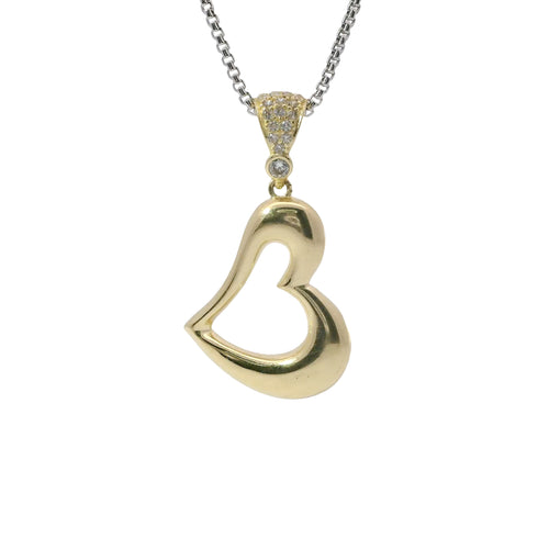 14KT Gold Charm Medium Tilted Open Center Flat Back Puff Heart with White CZ Stones Bell
