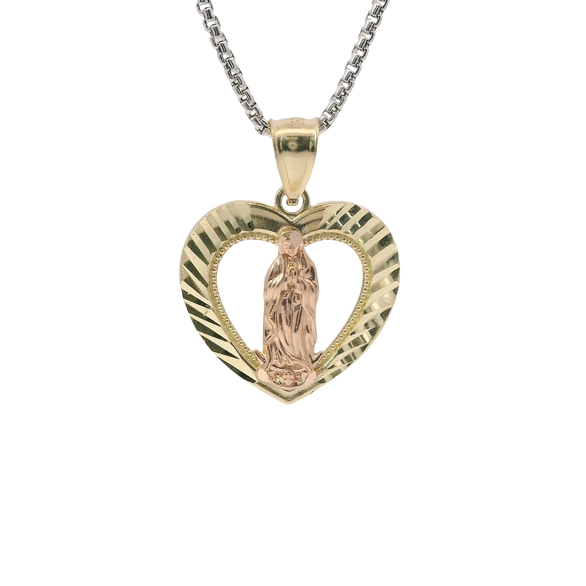 14KT Gold Charm Medium Two Tone Virgin Mary Open Diamond Cut Heart with Plain Bell
