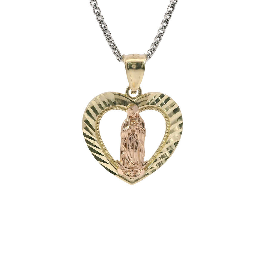 14KT Gold Charm Medium Two Tone Virgin Mary Open Diamond Cut Heart with Plain Bell