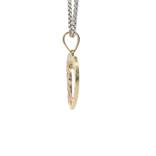 14KT Gold Charm Medium Two Tone Virgin Mary Open Diamond Cut Heart with Plain Bell