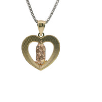14KT Gold Charm Medium Two Tone Virgin Mary Open Diamond Cut Heart with Plain Bell