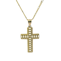 14KT Gold Charm Medium Open Diamond Cut Chain Link Cross with Plain Bell